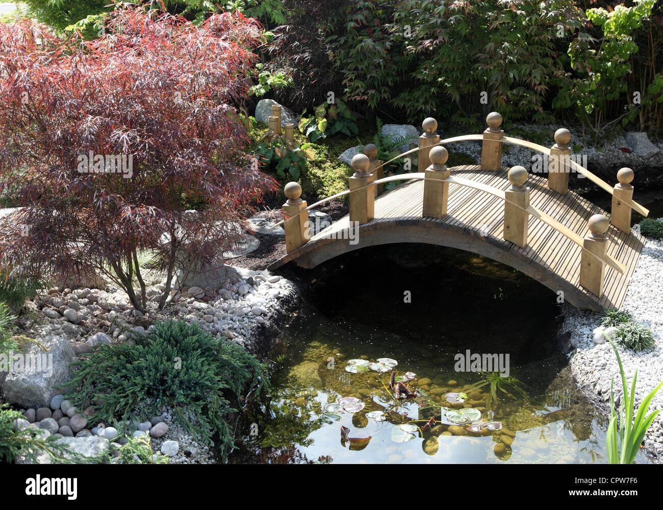 Ponte in giardino giapponese del tè visualizza giardino di Kate Kurvleva per Bloom irlandesi Premier garden festival Foto Stock