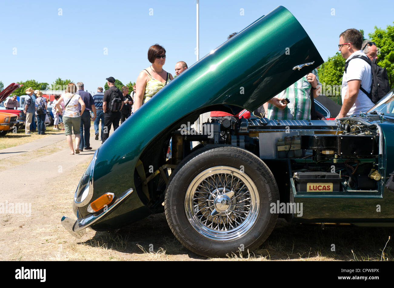 Aprire il cofano della vettura Jaguar E-Type Foto Stock