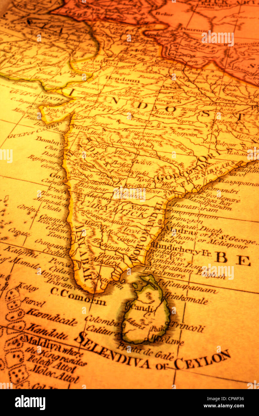 Antica Mappa di India e Sri Lanka. La messa a fuoco è su Madras. Mappa è dal 1799 ed è al di fuori del diritto d'autore. Foto Stock