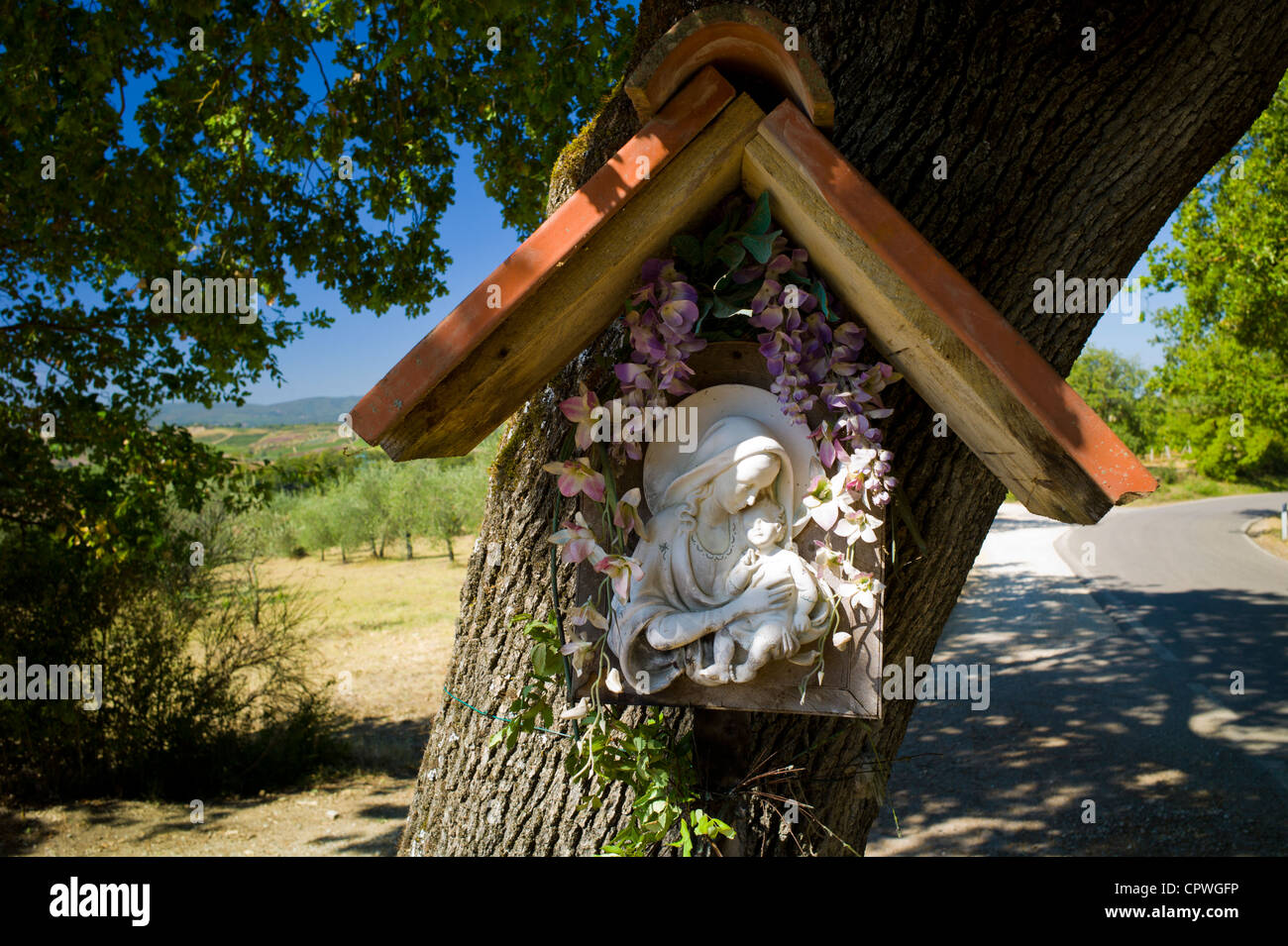 Icona religiosa grotta su albero dal bordo della strada a Pontignano nella regione del Chianti Toscana Italia Foto Stock