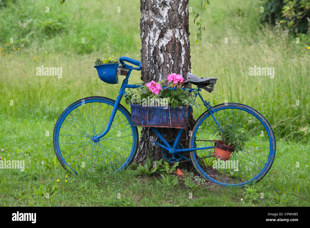 Vecchio Blu bike visto in un blocco del canale laterale di un Loire, Nièvre, Borgogna, Francia Foto Stock