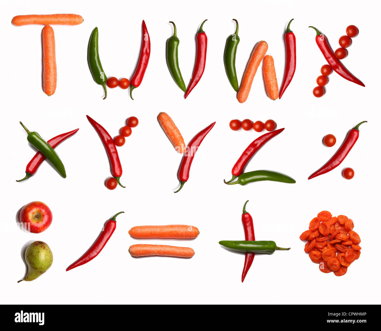 T-U-V-W-X-Y-Z alfabeto lettere e segni di punteggiatura fatta con verdure fresche sullo sfondo bianco (isolato su bianco) Foto Stock