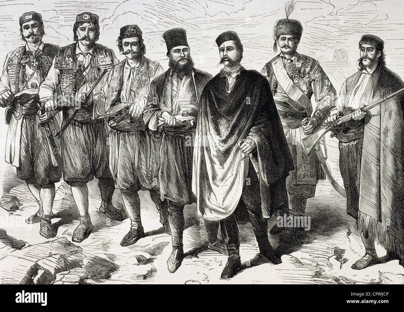 Erzegovina Uprising (1875-1878). Mico Ljubibratic, comandante militare serbo, il capo dei ribelli e il suo personale militare. Foto Stock