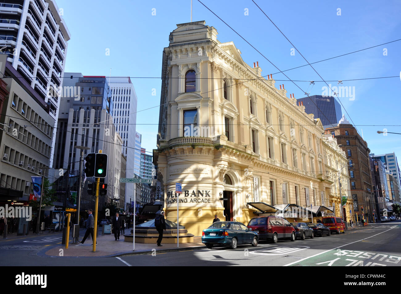 Vecchia Banca della Nuova Zelanda Edificio, Lambton Quay, Wellington, Regione di Wellington, Isola del nord, Nuova Zelanda Foto Stock