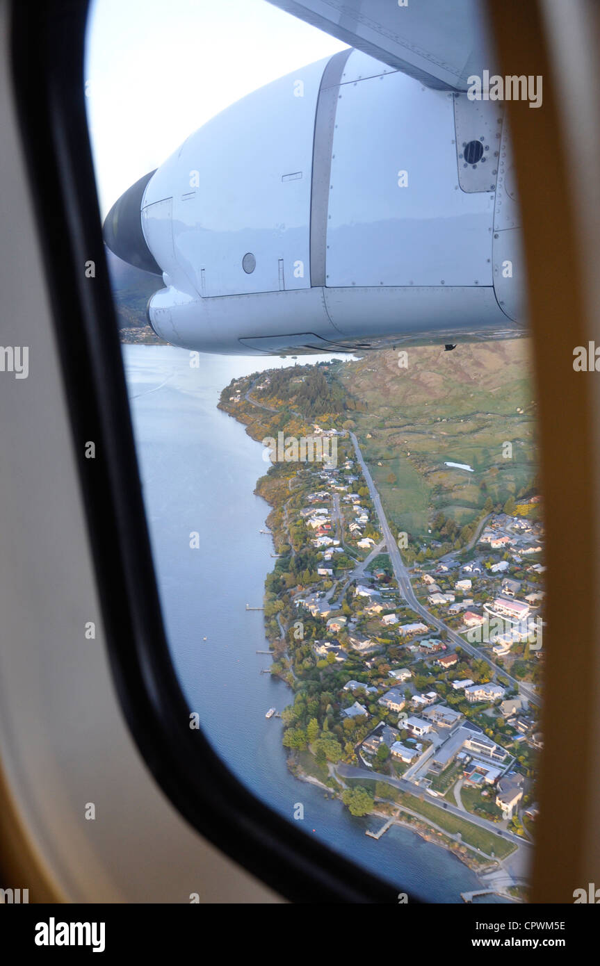 Vista dalla finestra sul volo per Queenstown, Isola del Sud della Nuova Zelanda Foto Stock