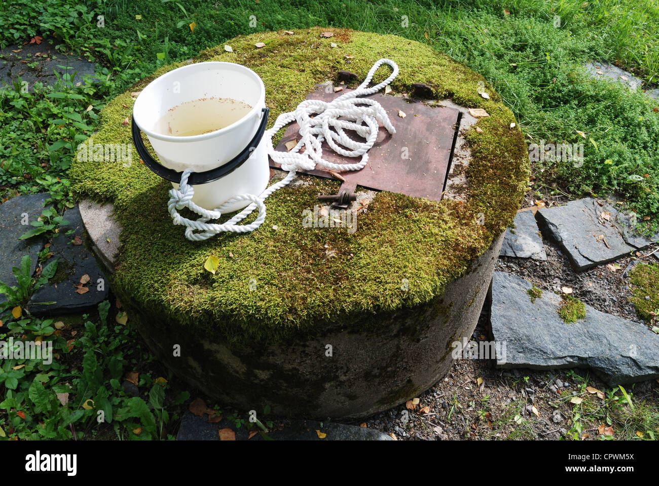 Tipico concreto acqua bene con MOSS, orizzontale Foto Stock