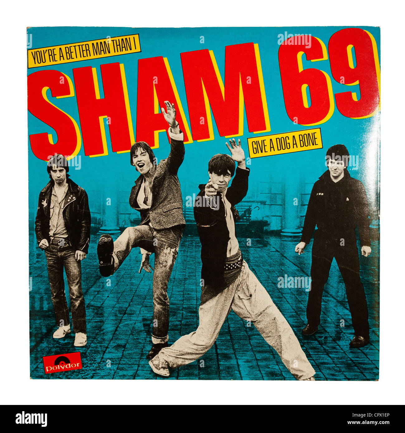 Un vinile singolo record da Sham 69 sulla critica Polydor etichetta discografica su sfondo bianco Foto Stock