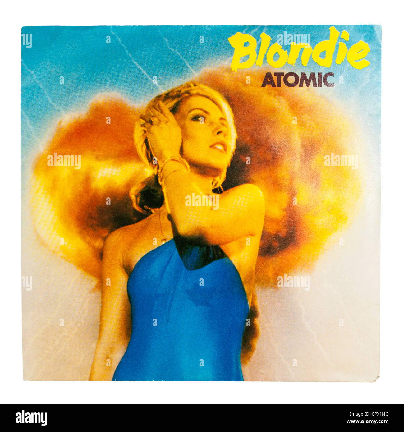 Un vinile singolo record di Blondie su sfondo bianco Foto Stock