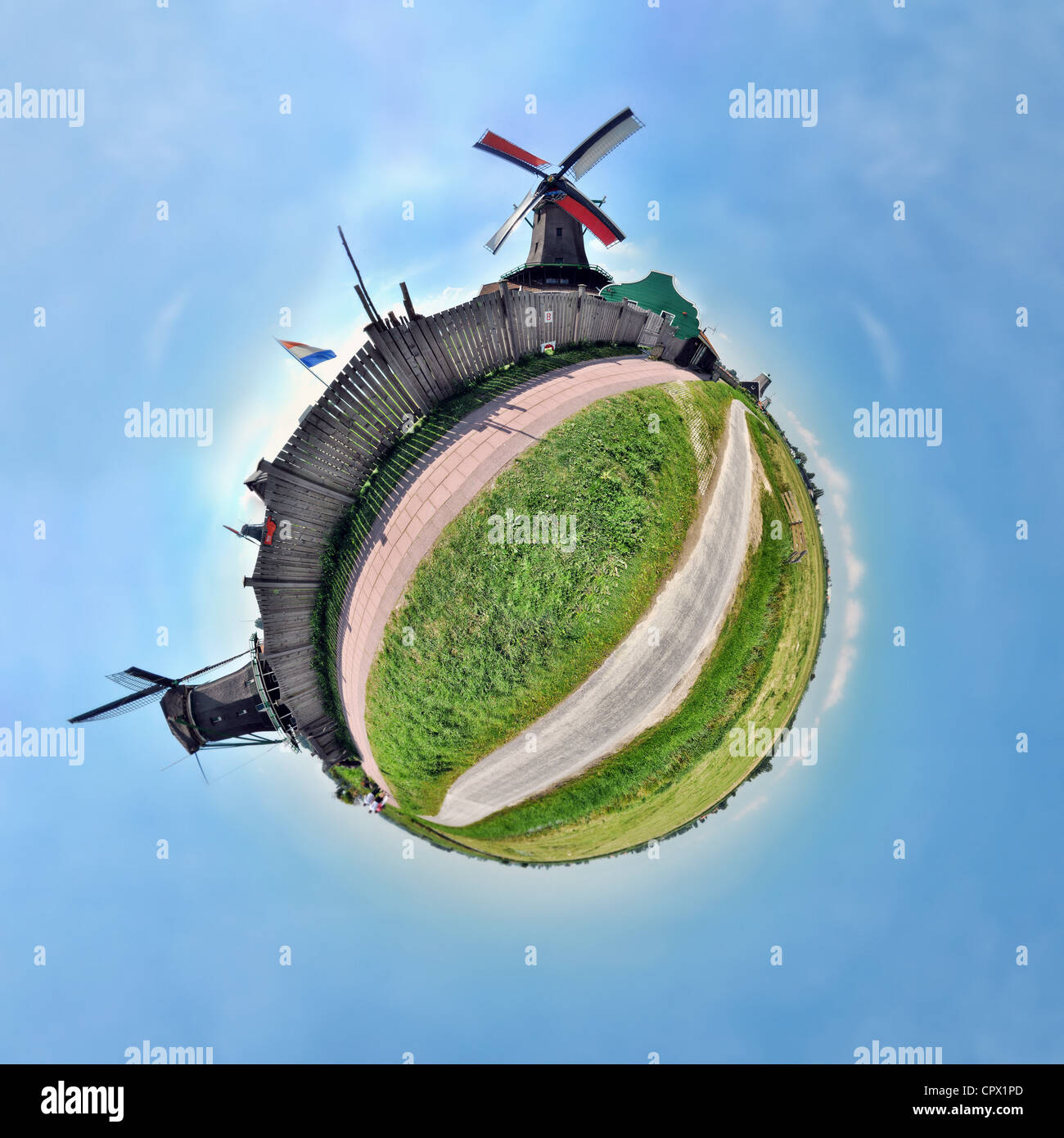 Mulini a vento di Zaanse Schans, Paesi Bassi, piccolo pianeta effetto Foto Stock