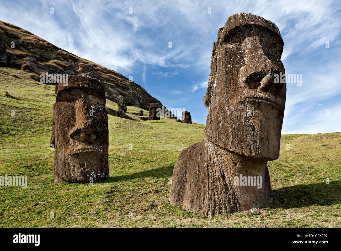Moai statue, Rano Raraku, isola di pasqua, Polinesia Foto Stock