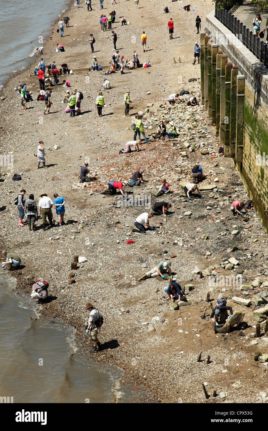 Organizzate un evento archeologico sul foreshore del Fiume Tamigi presso la Torre di Londra. Foto Stock