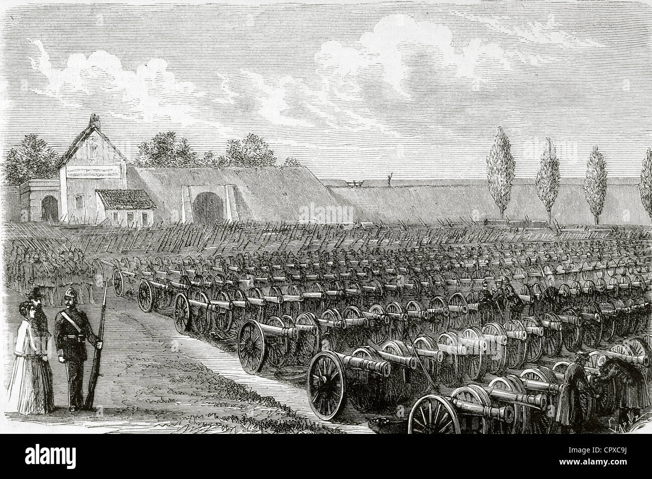 Guerra franco-prussiana (1870-1871). Cannoni presi a Sedan. La illustrazione spagnola, 1871. Incisione di Capuz. Foto Stock