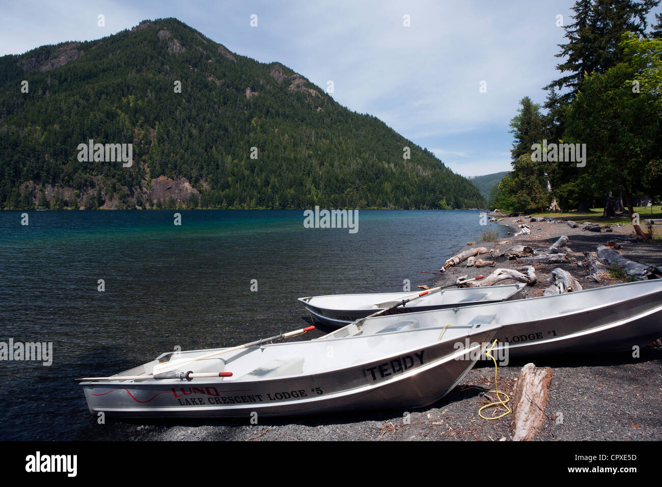 Imbarcazioni a remi a Crescent Lake Lodge - Parco nazionale di Olympic - vicino a Port Angeles, Stati Uniti di Washington Foto Stock