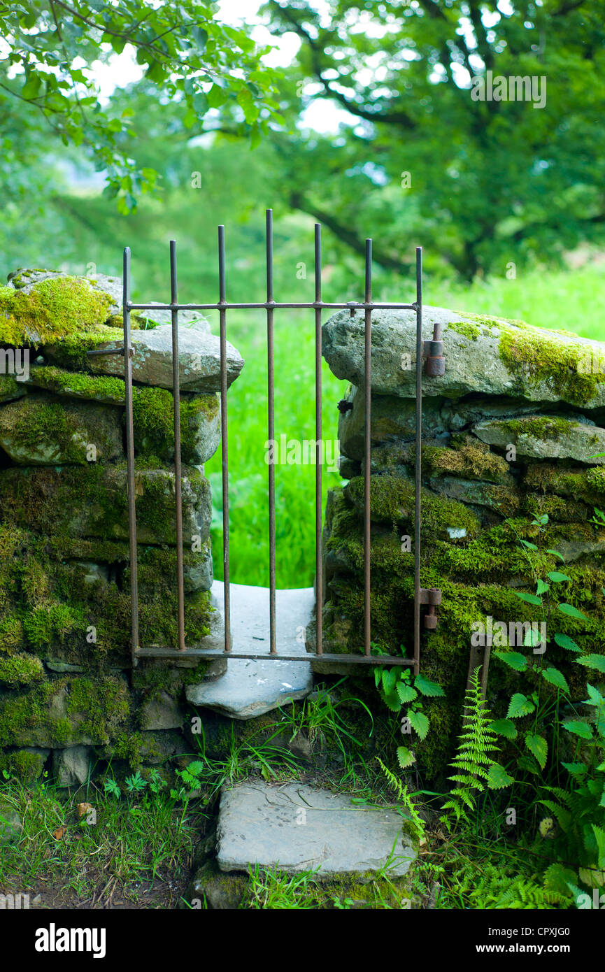 Porta di metallo sul sentiero natura vicino a Ambleside nel distretto del lago, Cumbria, Regno Unito Foto Stock