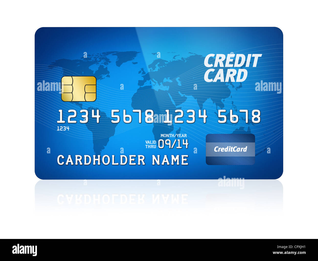 Alta illustrazione dettagliata di una plastica carta di credito. Isolato su bianco. Foto Stock