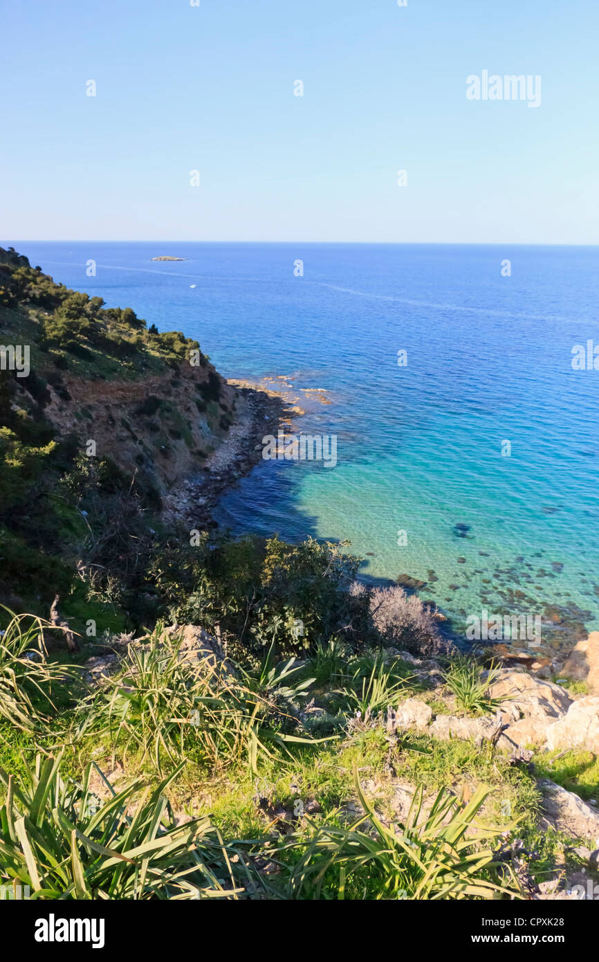 Vista della baia di Chrysochous dalle colline della penisola di Akamas Foto Stock