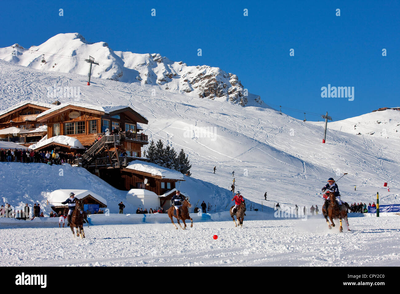 Francia, Savoie, Tarentaise, Massif de la Vanoise, Courchevel 1850, neve polo evento Foto Stock