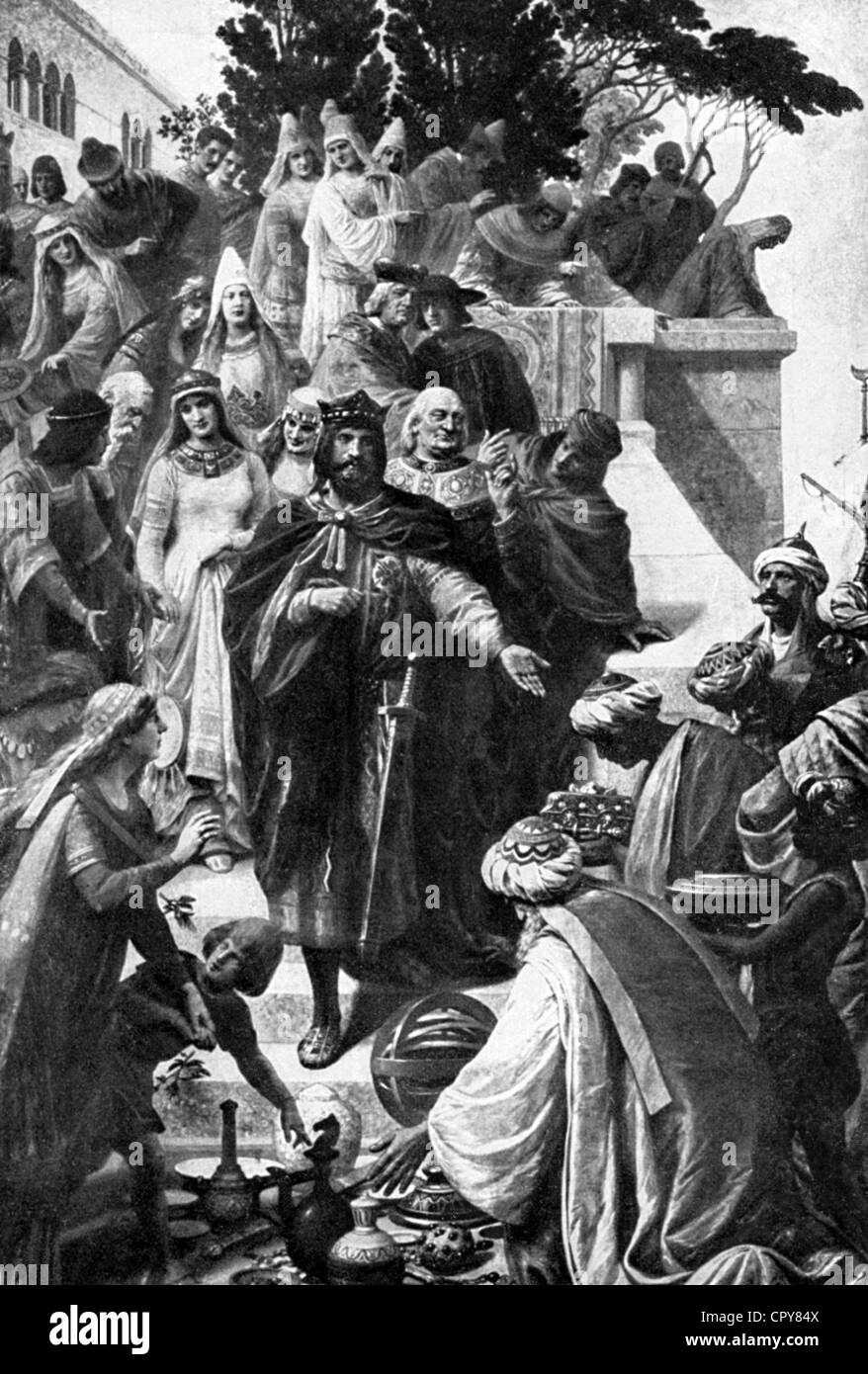 Federico II, 26.12.1194 - 13 12.1250, Sacro Romano Imperatore 22.11.1220 - 13.12.1250, la sua corte a Palermo, dopo la pittura di Hermann Wislicenus, 1880 - 1890, Kaisersaal Goslar, Foto Stock