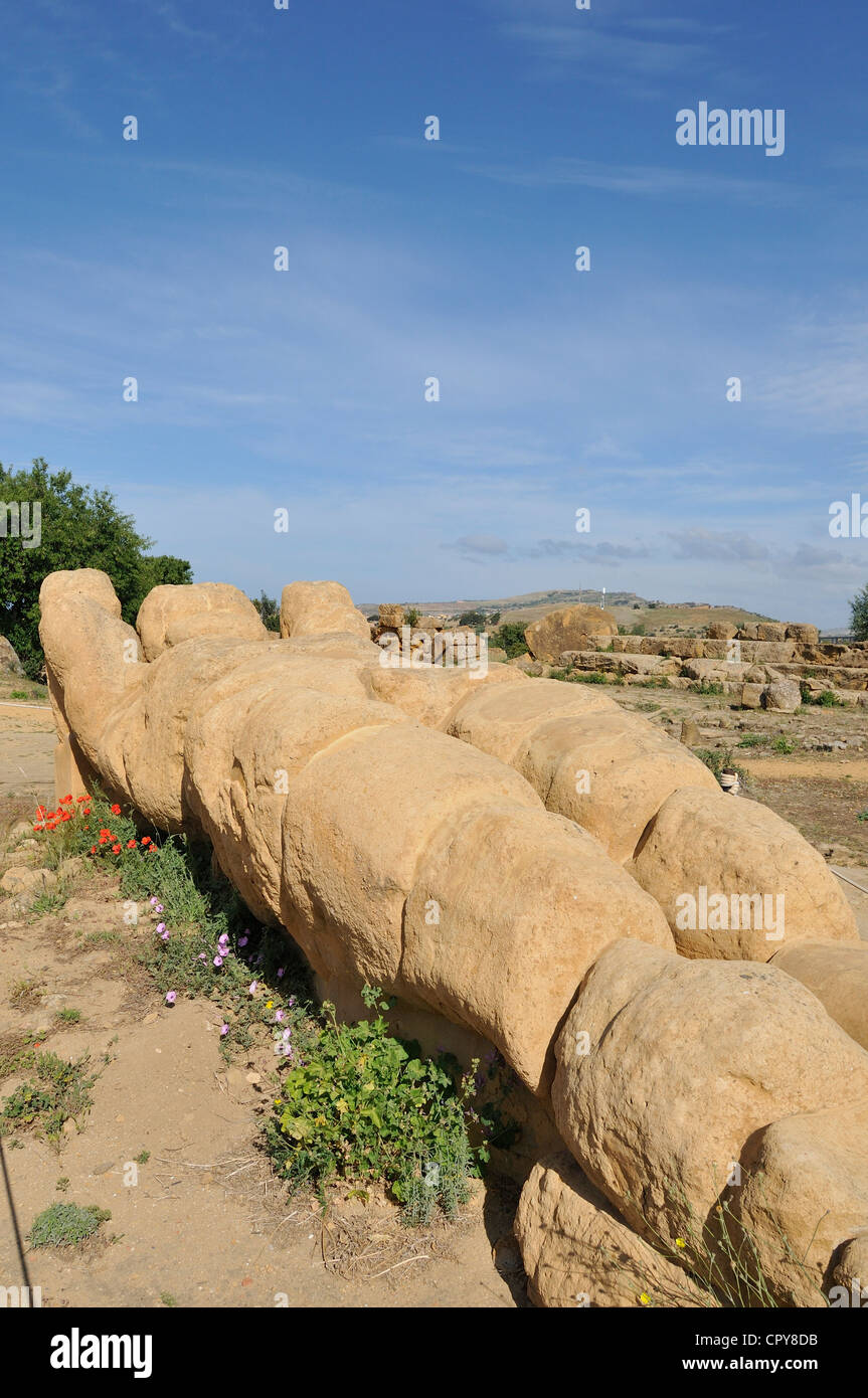 Agrigento. Sicilia. L'Italia. Telamon o Atlas del Tempio di Zeus Olimpio, la Valle dei Templi sito archeologico. Foto Stock