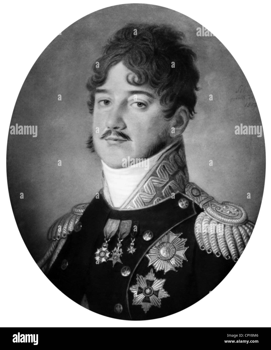 Poniatowski, Jozef Antoni Prince, 7.5.1762 - 19.10.1813, generale polacco, ritratto, basato su pastello di J.H.Schmidt 1812, vecchio municipio, Lipsia, Germania, 19th secolo, Foto Stock