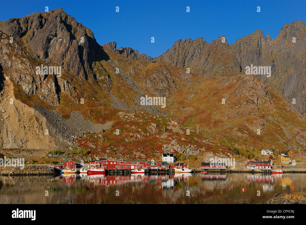 Norvegia, Nordland County, Isole Lofoten, Isola Vestvagoy, Ballstad Harbour Foto Stock