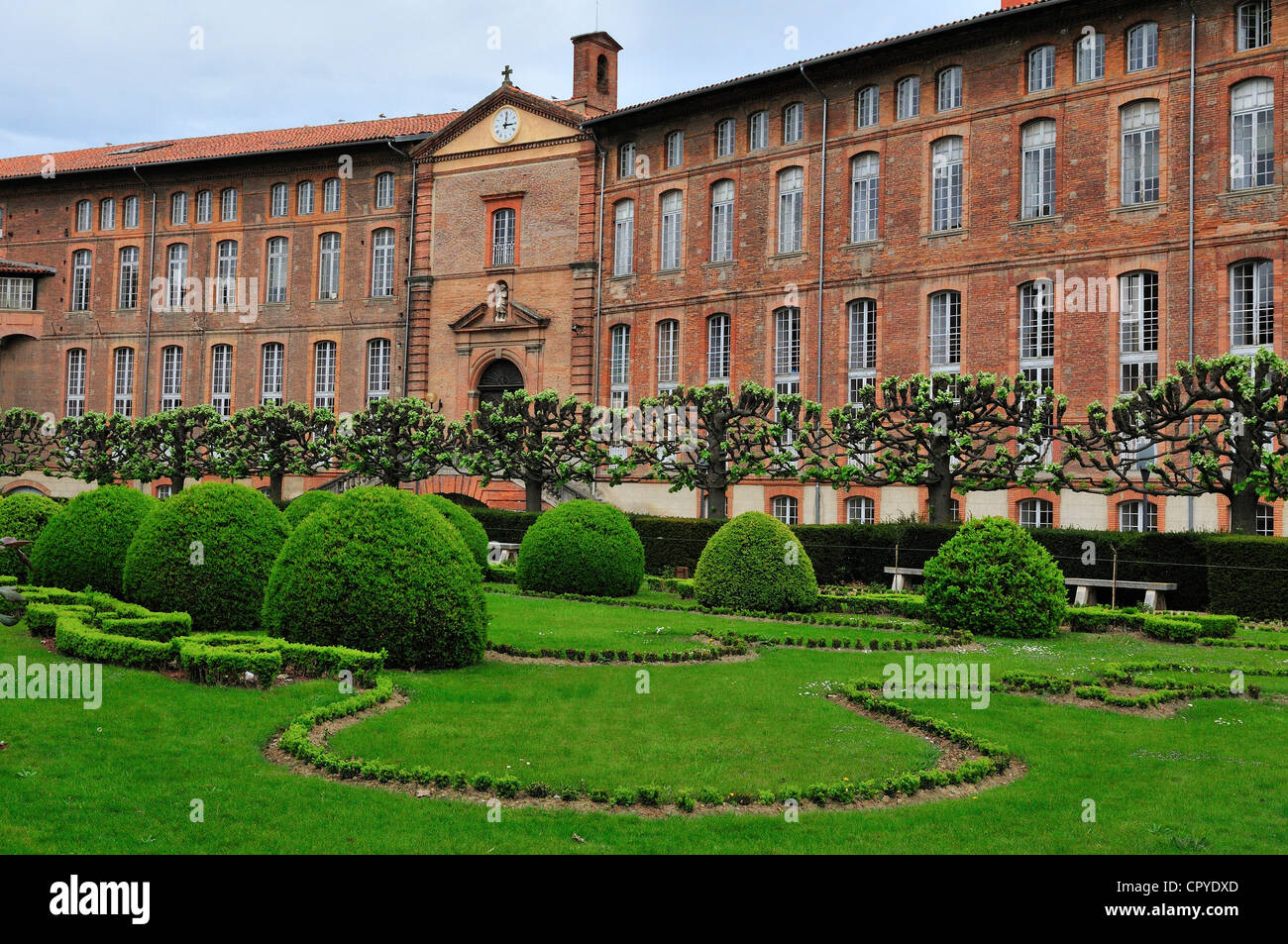 Alberi pollardati nei bellissimi giardini paesaggistici di Hôtel-Dieu St-Jacques, Tolosa, Francia - il primo grande ospedale di Tolosa Foto Stock
