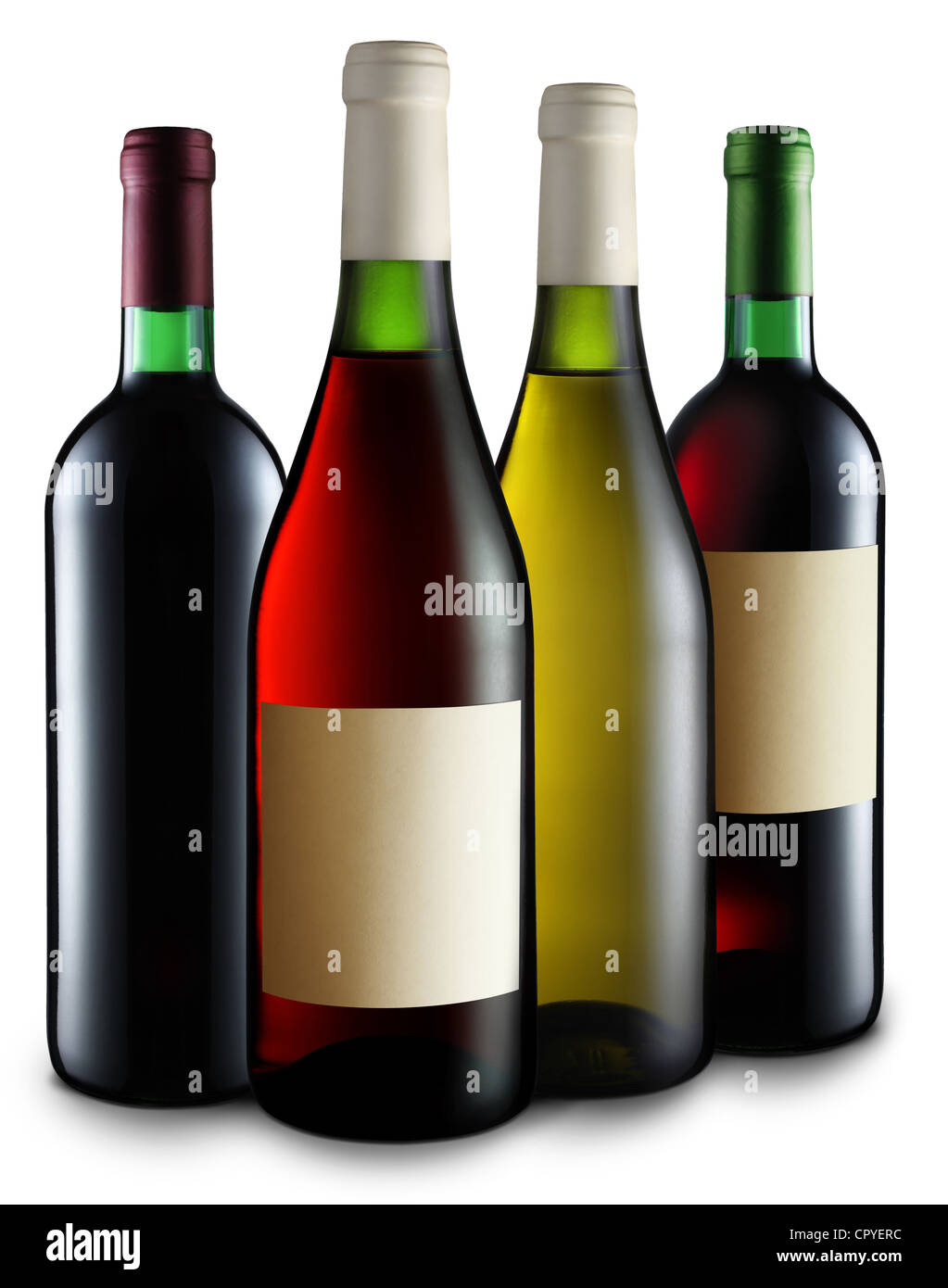 Quattro bottiglie di vino di vario genere su sfondo bianco. Foto Stock