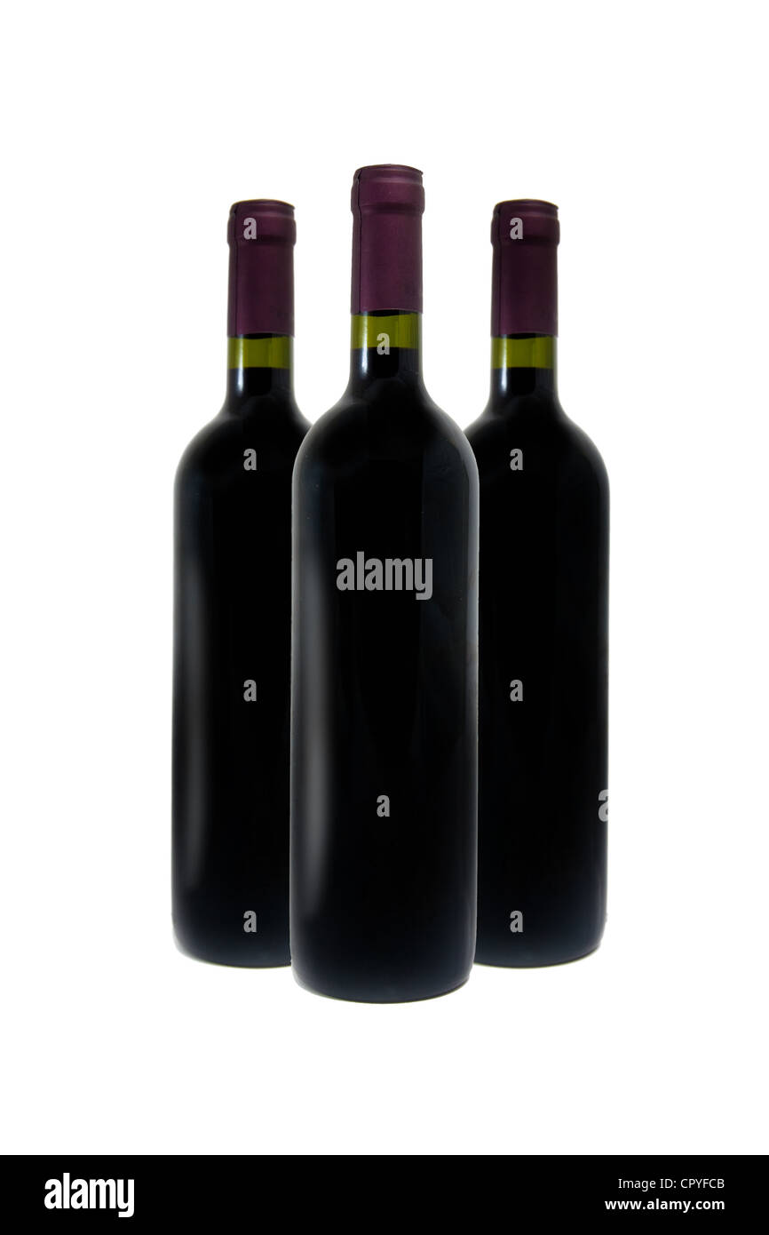 Bottiglie di vetro di vino rosso, immagine è presa su uno sfondo bianco Foto Stock