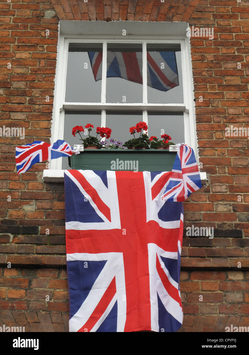 Bandiera britannica la finestra di visualizzazione, Oxford, Inghilterra Foto Stock