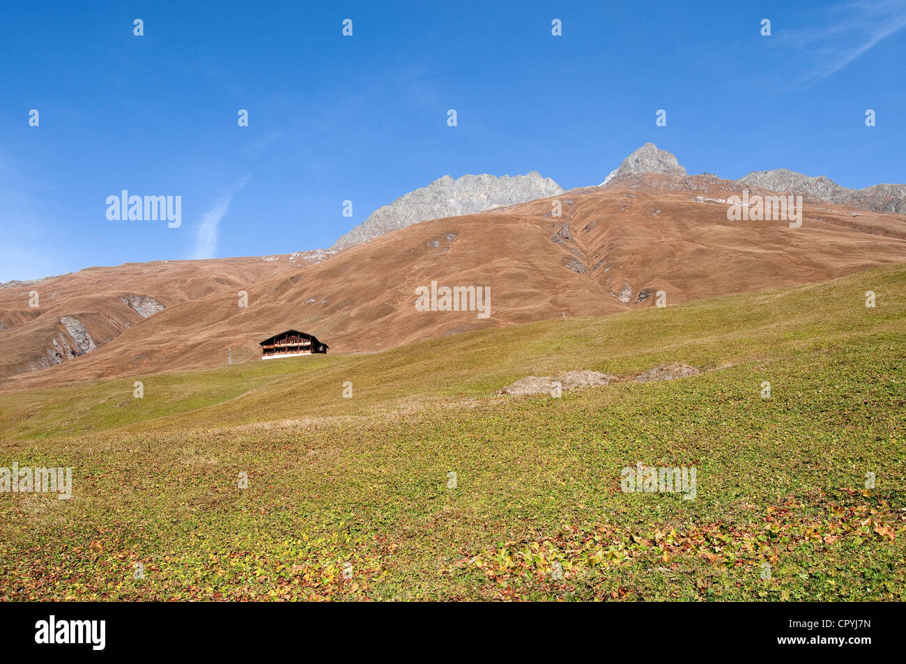 La Svizzera del Cantone dei Grigioni, Juf, il più alto permanentemente abitato villaggio d'Europa (2200m), isolati chalet Foto Stock