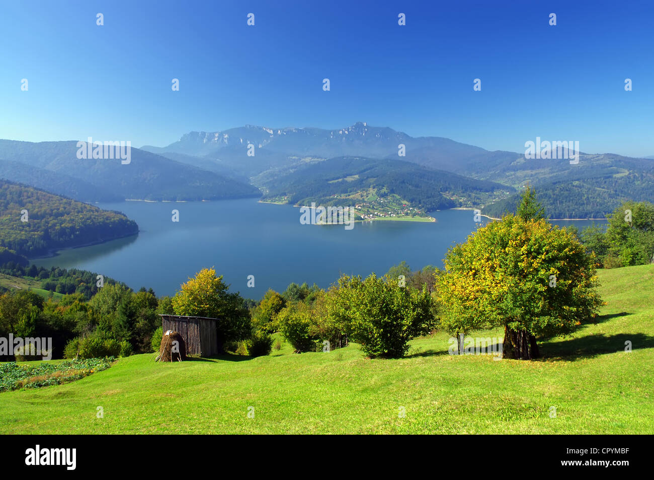 Estate Fresca paesaggio con la montagna dei Carpazi e il lago, Romania Foto Stock