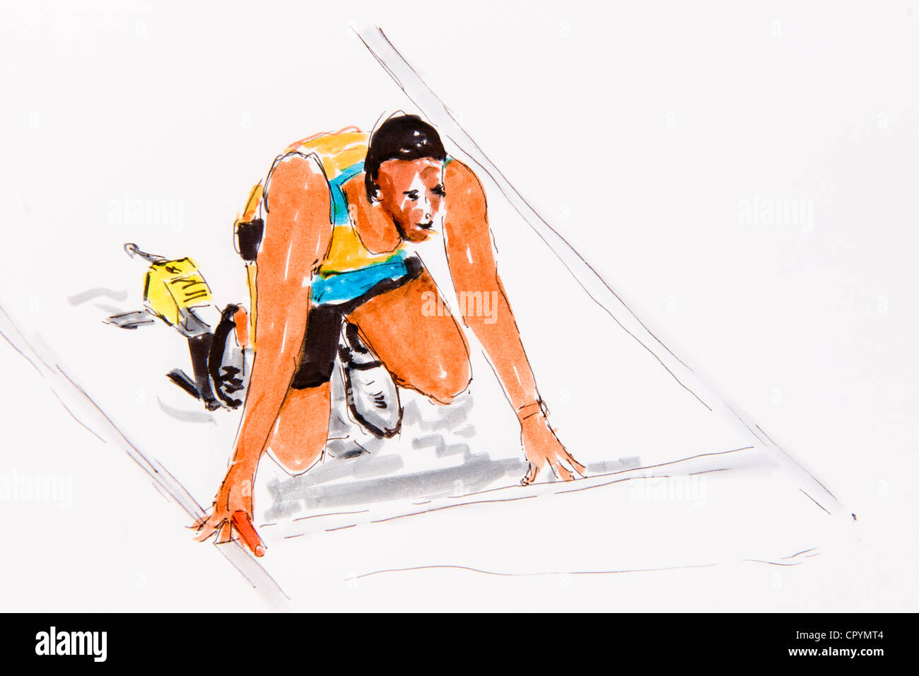 Inizio di un runner, atletica leggera, attingendo dall'artista Gerhard Kraus, Kriftel, illustrazione Foto Stock