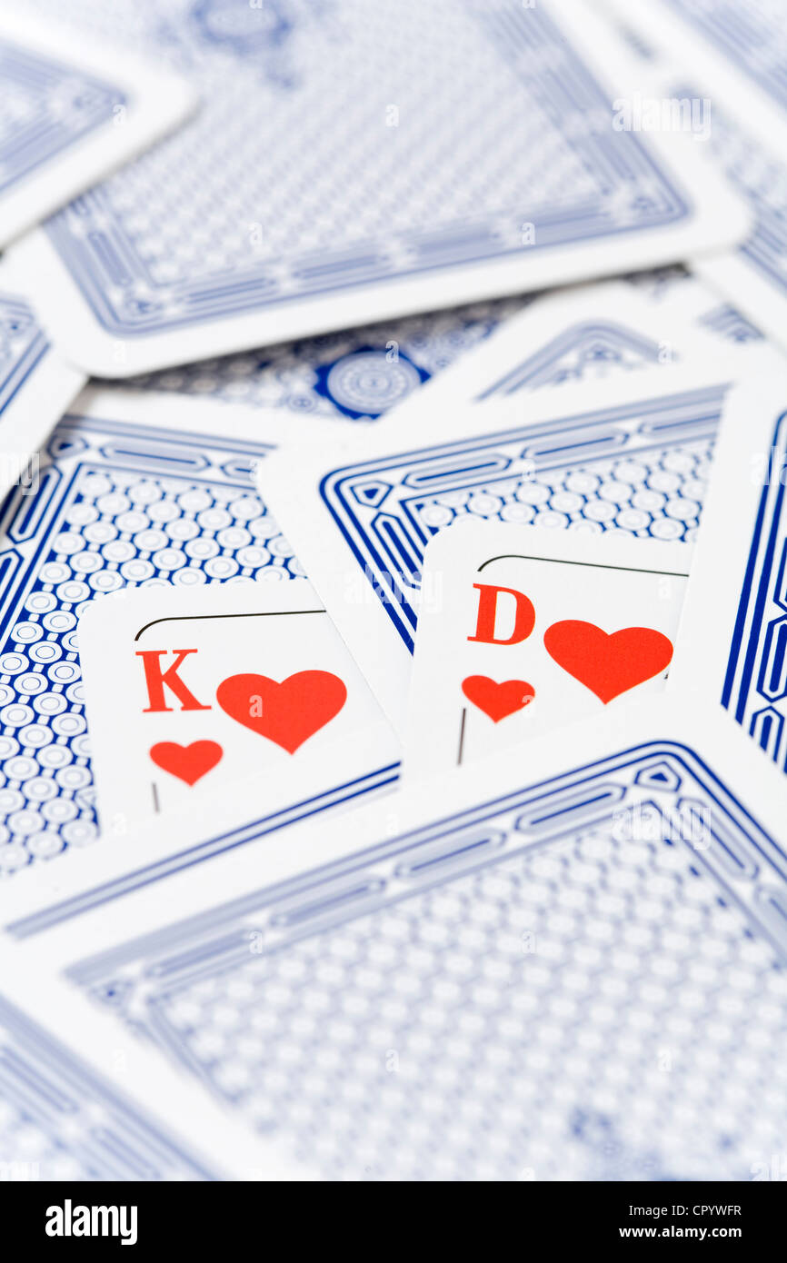 Carte da gioco, Re di Cuori, Regina di Cuori, da un ponte tedesco dove D sta per Dame Foto Stock