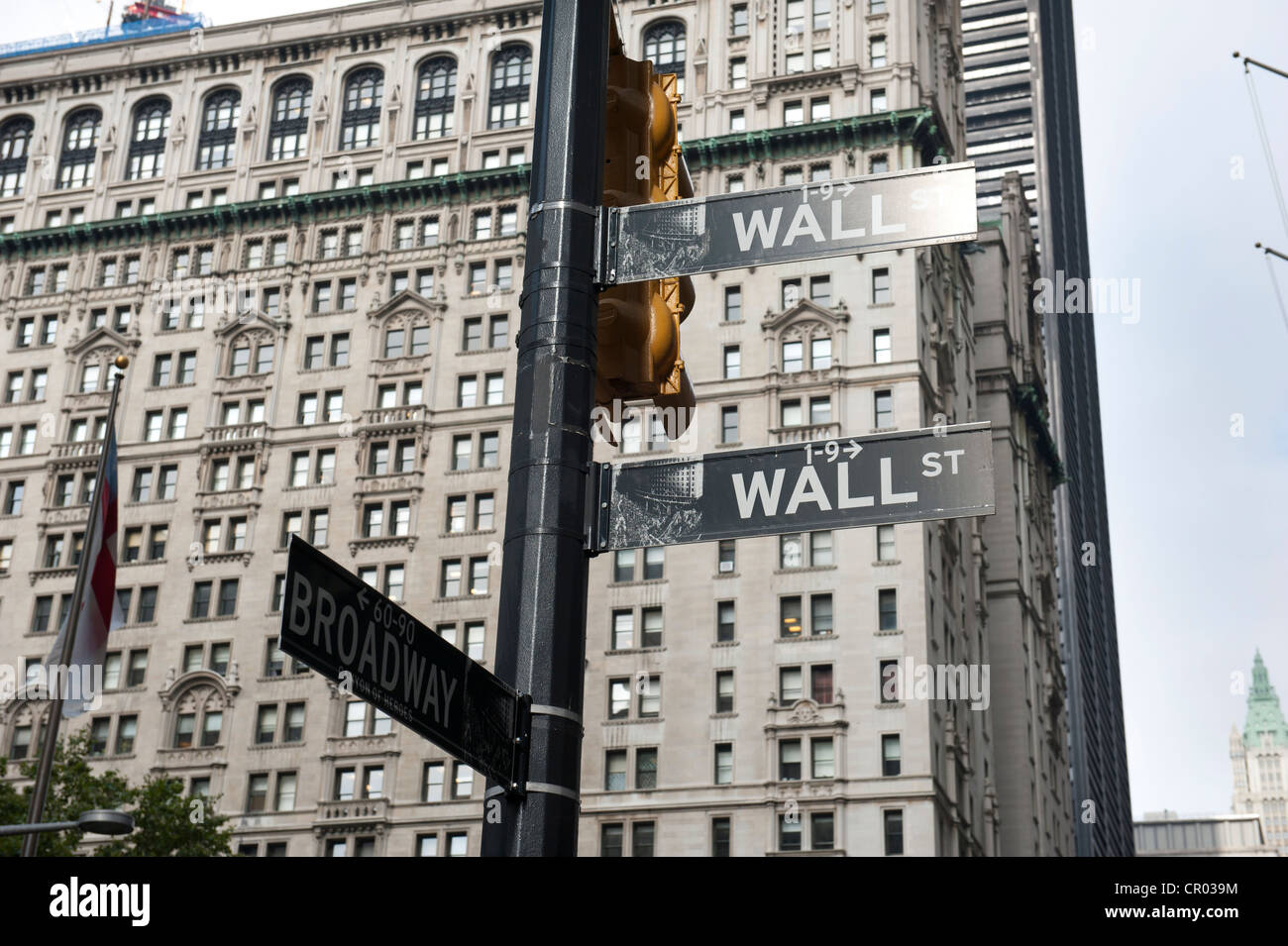 Cartelli stradali, Wall Street e Broadway, il Quartiere Finanziario di Manhattan, New York City, Stati Uniti d'America, America del Nord, America Foto Stock