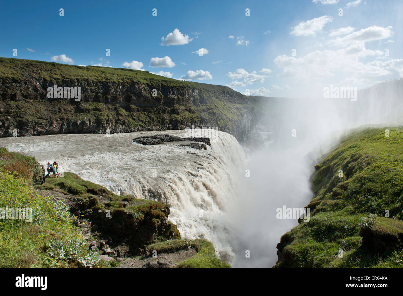 Grandi Cascate Gullfoss, Hvítá river con spray e rainbow, Golden Circle, Islanda, Scandinavia, Nord Europa, Europa Foto Stock