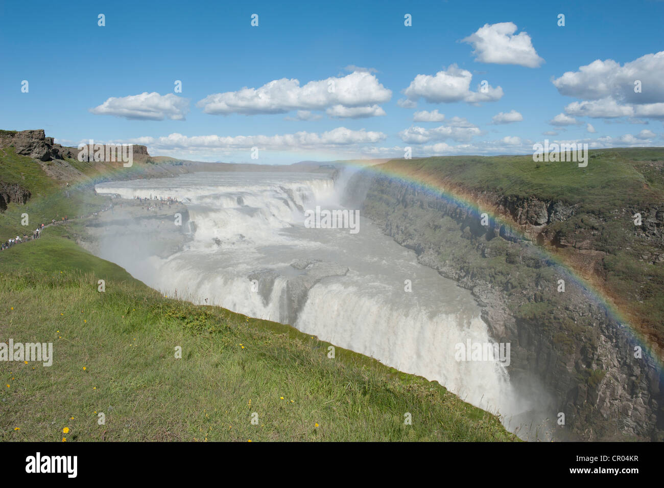 Grandi Cascate Gullfoss, Hvítá river con spray e rainbow, Golden Circle, Islanda, Scandinavia, Nord Europa, Europa Foto Stock