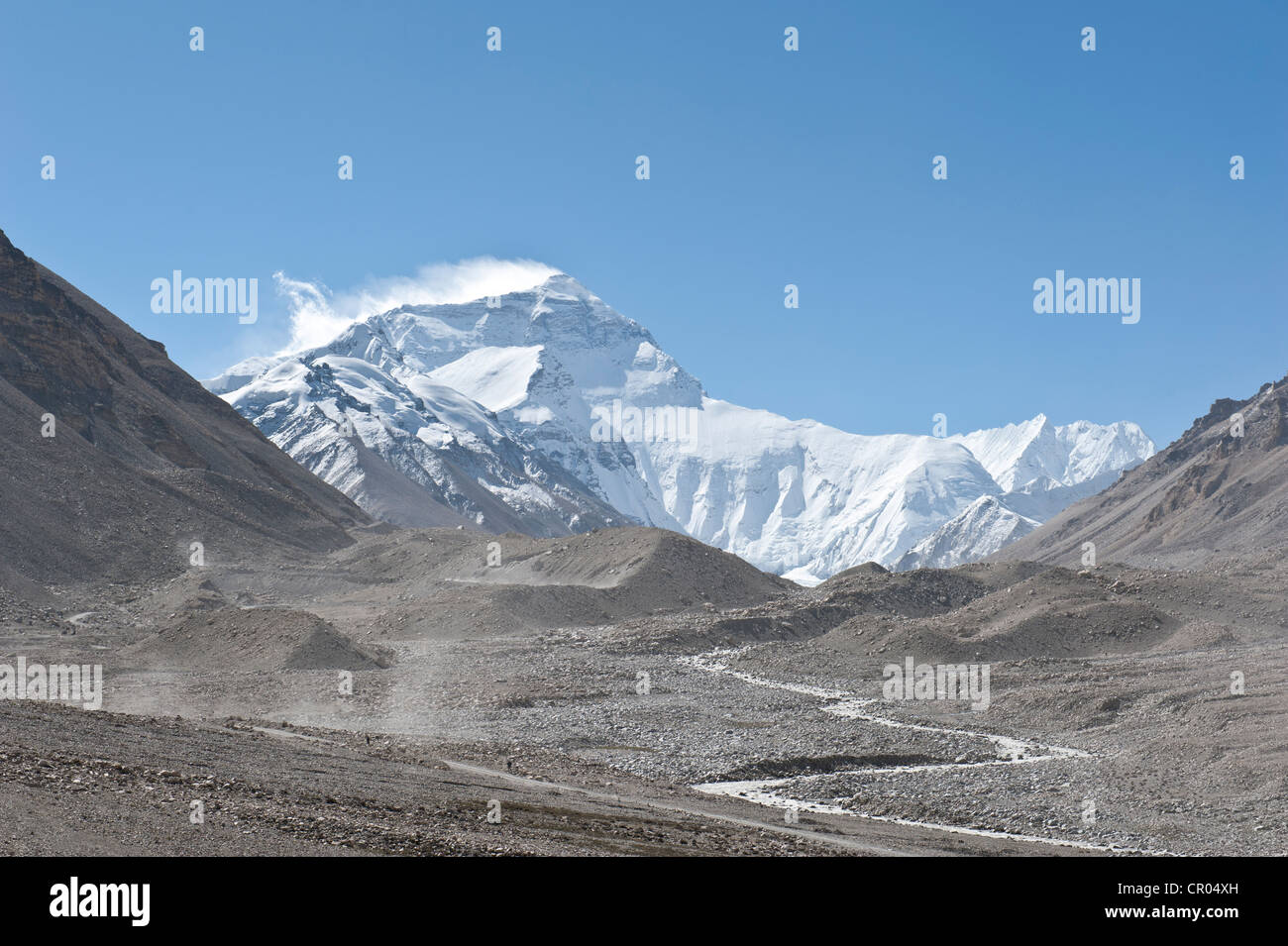 Vetta del Monte Everest, Campo Base a nord, il ghiacciaio flusso, morena terminale, l'Himalaya, Tibet centrale, U-Tsang Foto Stock