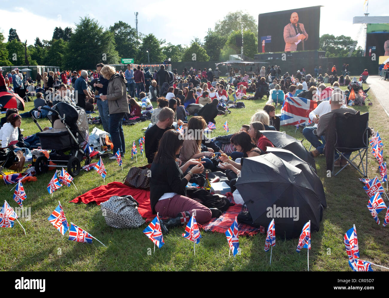 La folla in Hyde Park a guardare il diamante concerto di giubileo su grandi schermi, Londra Foto Stock