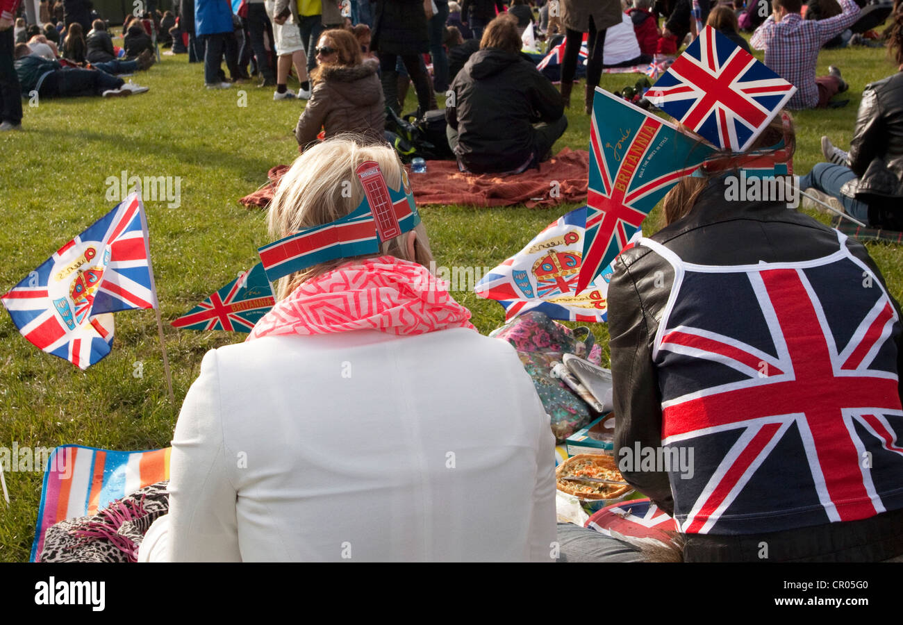 La folla in Hyde Park a guardare il diamante concerto di giubileo su grandi schermi, Londra Foto Stock