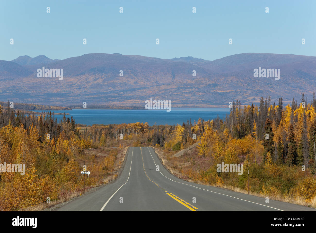 Haines Road verso Haines Pass, Alaska, Dezadeash lago dietro, estate indiana, le foglie in autunno colori, autunno Foto Stock
