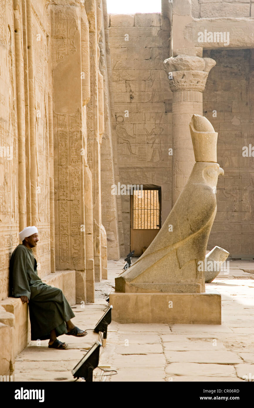 Egitto Alto Egitto, Valle del Nilo, di Edfu, il tempio dedicato a Horus, egiziano uomo seduto di fronte al dio della statua Foto Stock