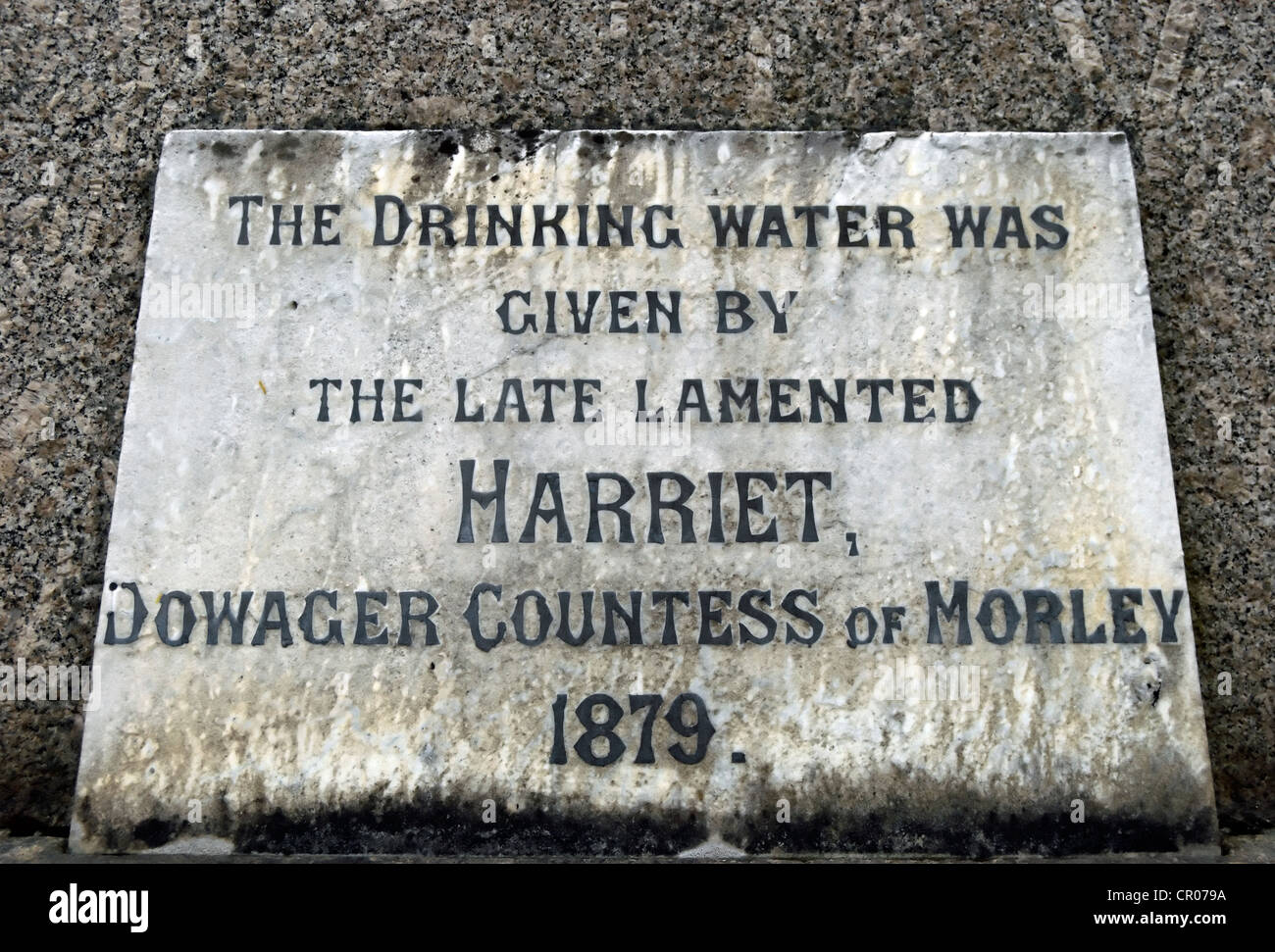1879 lapide segna il migliore sistema di approvvigionamento di acqua potabile fornita da Chudleigh, Devon, Inghilterra, dall'dowager contessa di morley Foto Stock