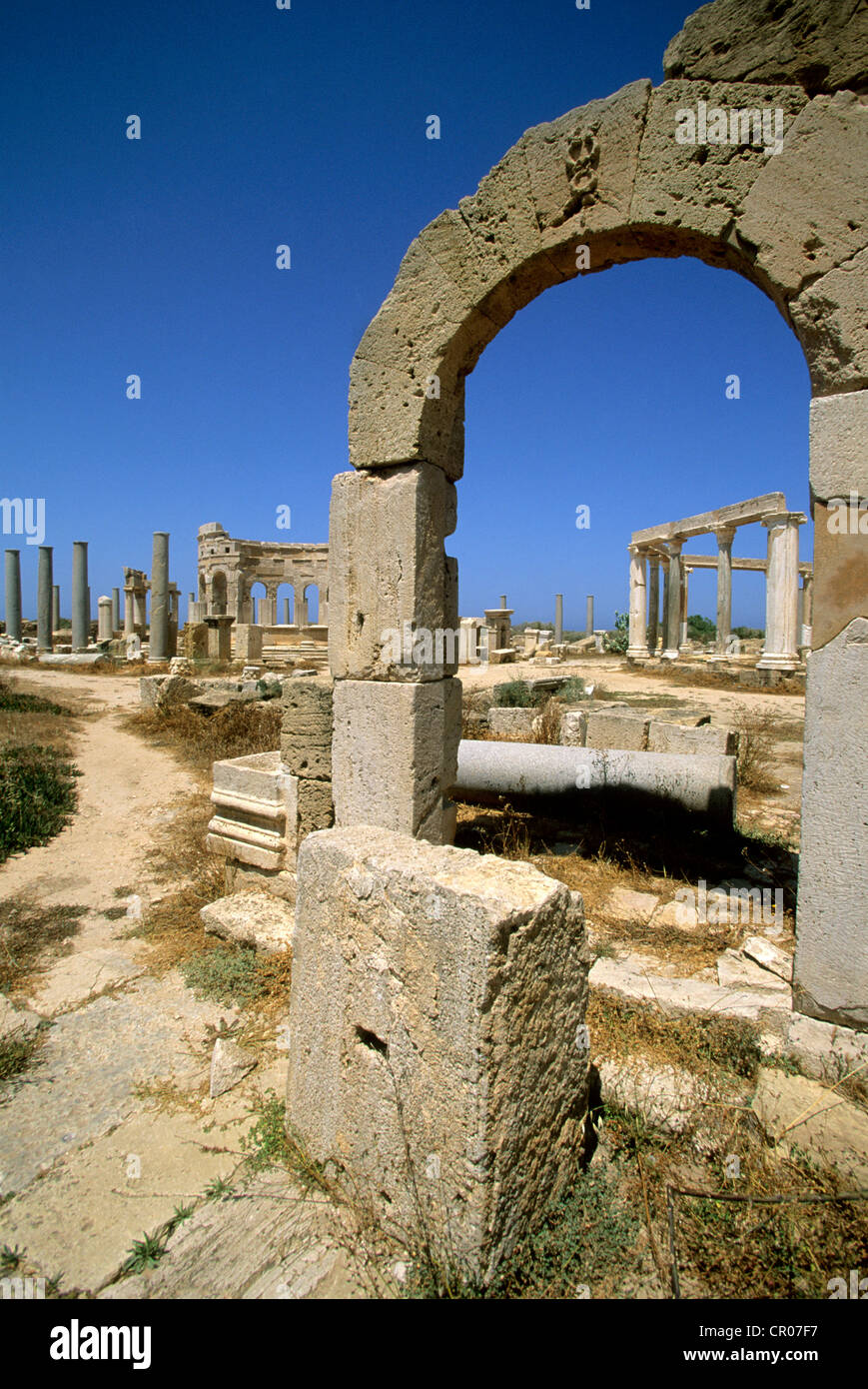 Libia, Tripolitania, Al Marqab, sito romano di Leptis Magna o Lepcis Magna, elencato come patrimonio mondiale dall UNESCO, il mercato Foto Stock