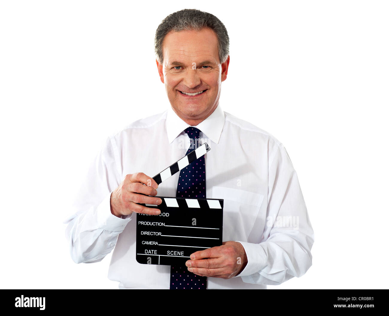 Età maschio corporate holding clapperboard. Girato su sfondo bianco Foto Stock