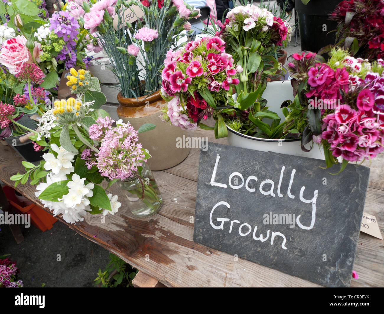 Coltivati localmente segno a fiori di fieno di stallo su Wye durante il Festival di fieno Galles KATHY DEWITT Foto Stock