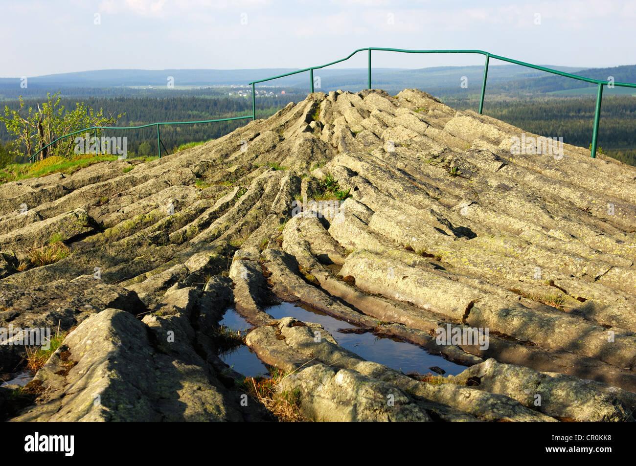 Affioramento di basalto con orizzontale delle colonne di basalto, Hirtstein Geotop, Monti Metalliferi, Sassonia, Germania, Europa Foto Stock