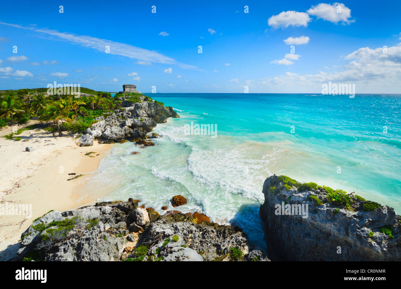 Messico, Yucatan, Tulum, spiaggia con antiche rovine Maya Foto Stock
