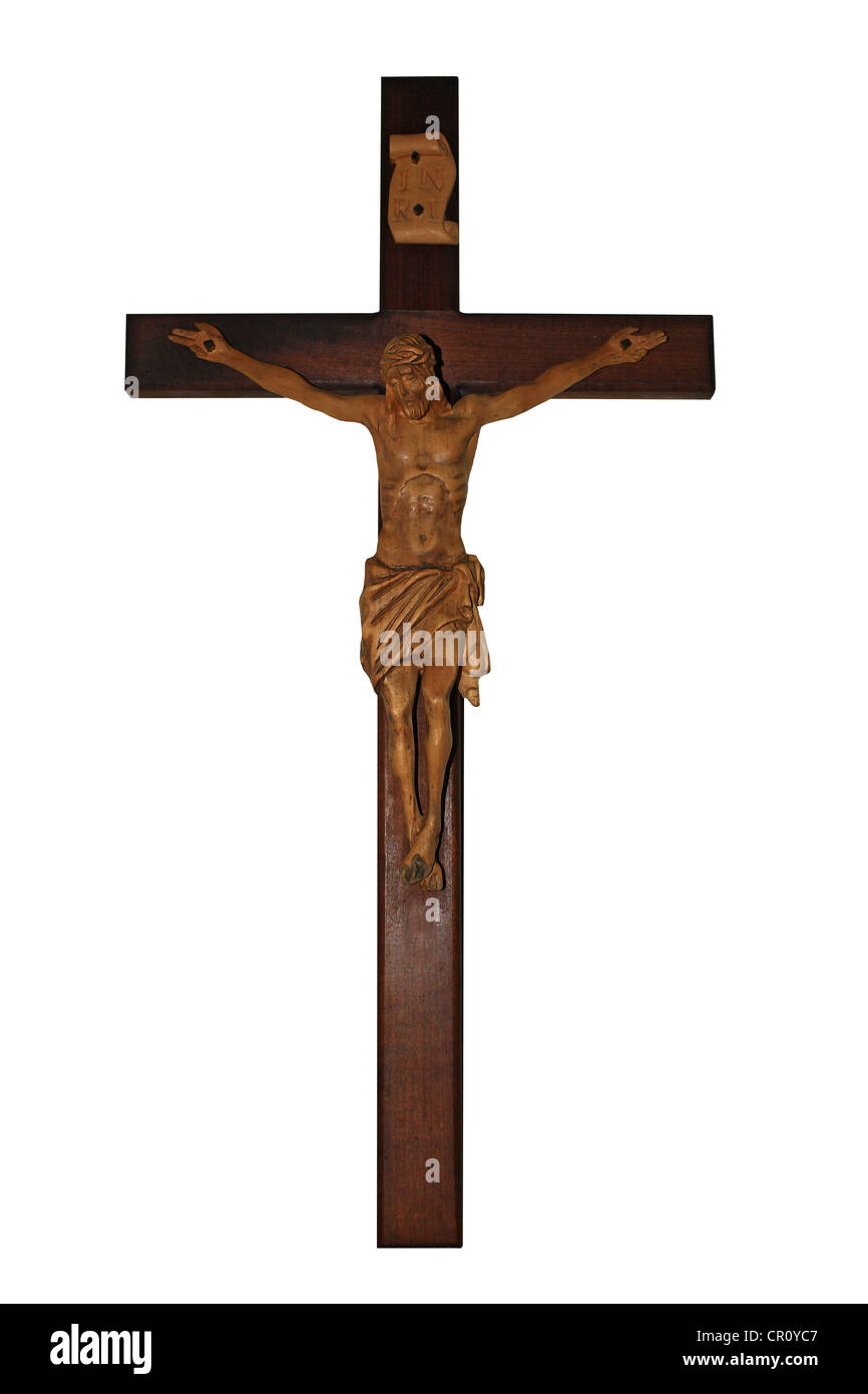 Croce di legno con Cristo isolato Foto Stock