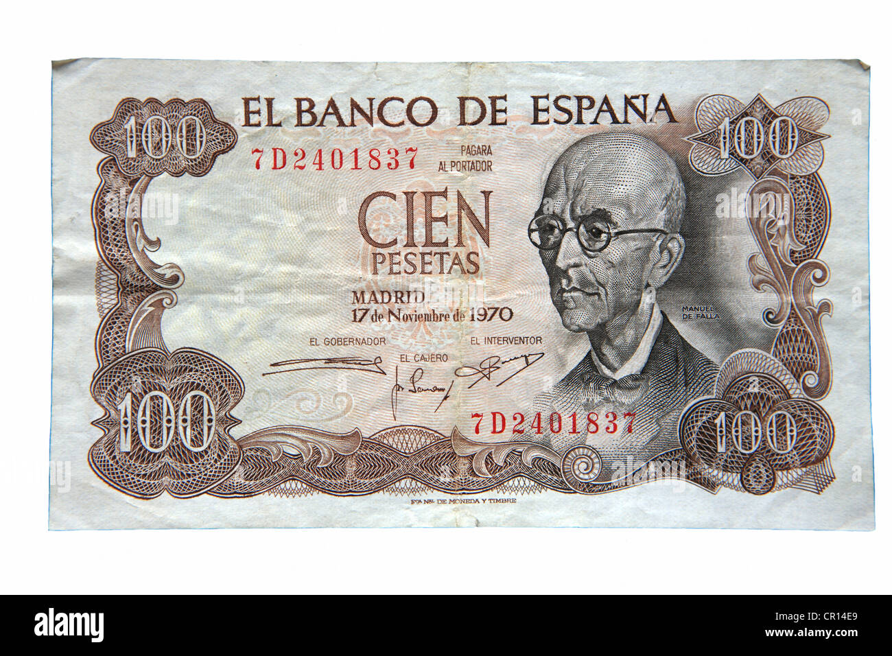 Lo spagnolo 100 peseta nota ritagliata su sfondo bianco Foto Stock