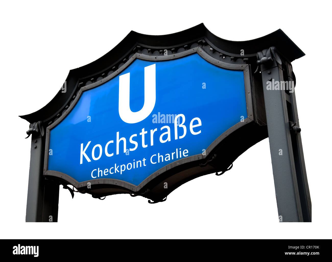 Berlino, Germania. Kochstrasse; U-Bahn (metropolitana) di segno. Stazione ferroviaria più vicina al Checkpoint Charlie. Cut-out Foto Stock